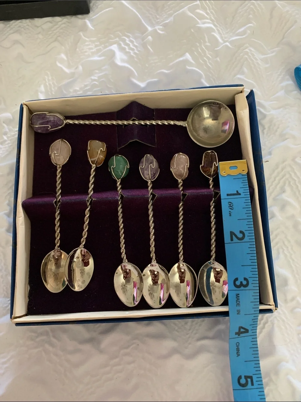 Vintage Barasch Sylmar Brasil Set 7 Twisted Stem Demitasse Spoons Caged Stones